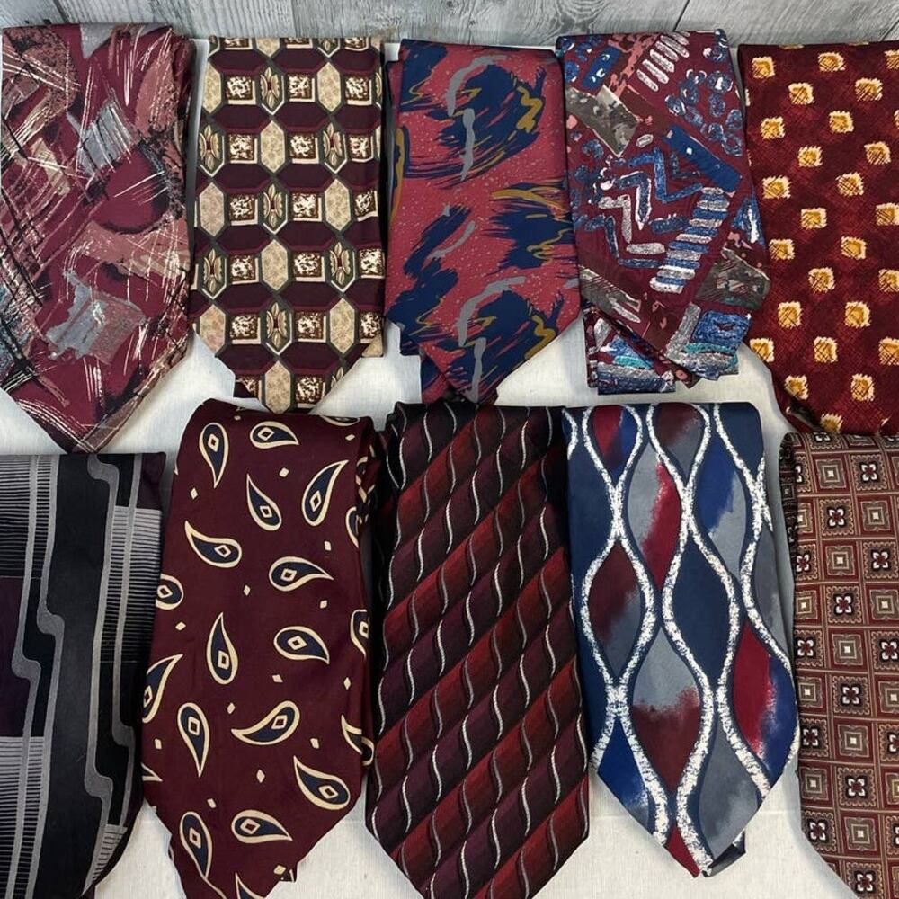 Lot of 10 Wine Red Gray Vintage & Modern Career Silk Polyester Necktie Ties